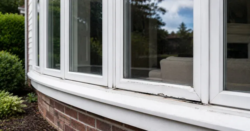 technician inspecting bow window frame and seal for damage in Parkhill