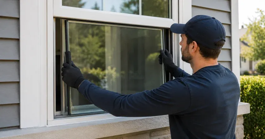 technician boarding up broken window during emergency glass repair Parkhill