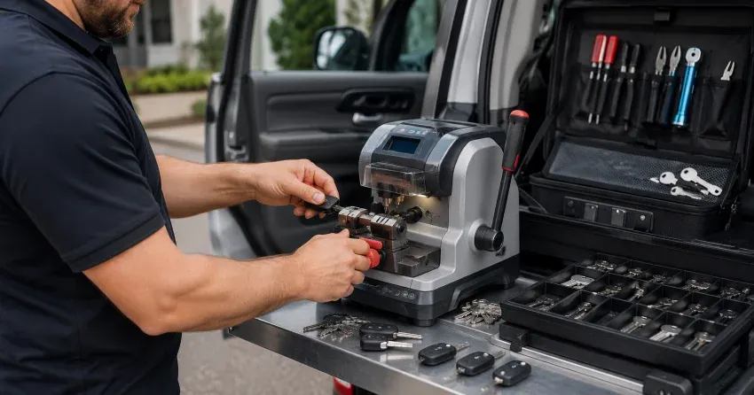 technician cutting a replacement car door lock key in Parkhill