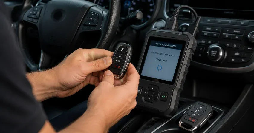 technician inspecting a worn car key before replacement in Parkhill