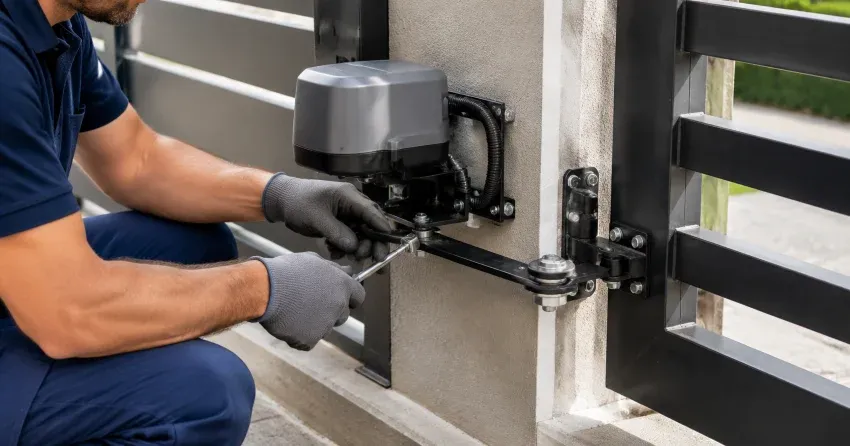 technician diagnosing automatic gate motor and control panel in Parkhill