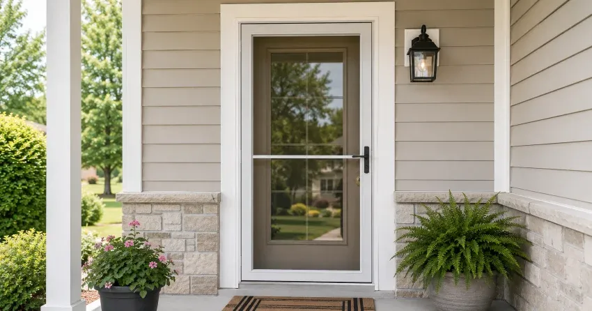 technician hanging storm door square and plumb in Parkhill