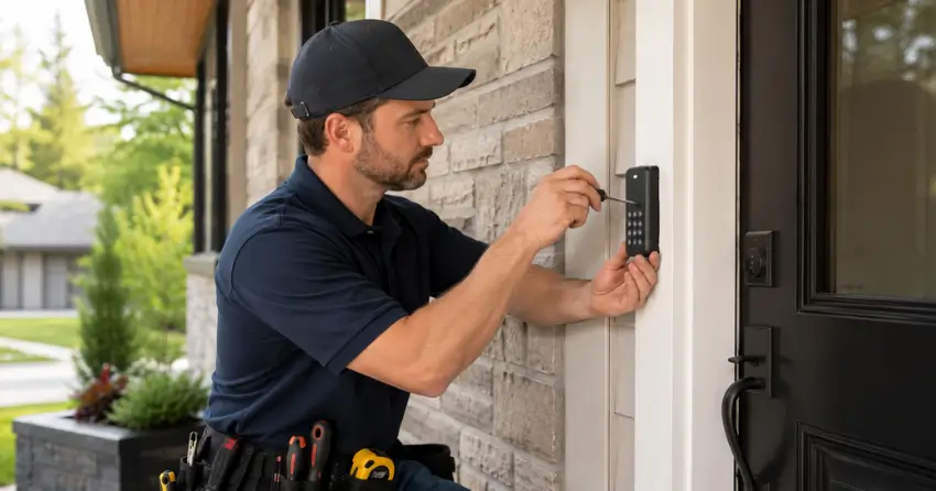 Technician installing an access control system keypad beside a residential front door in Parkhill