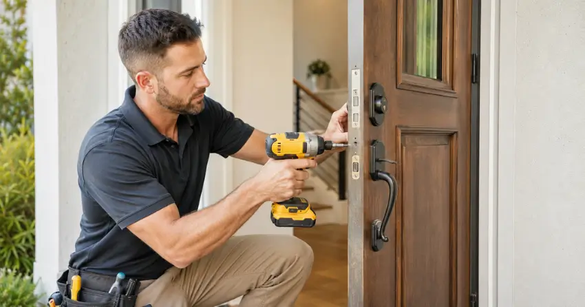 locksmith installing new deadbolt lock on front door in Parkhill