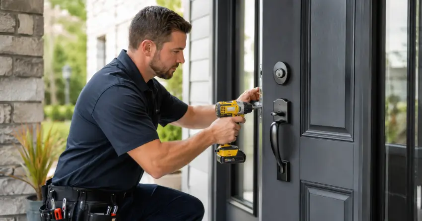 locksmith installing deadbolt lock on exterior door in Parkhill