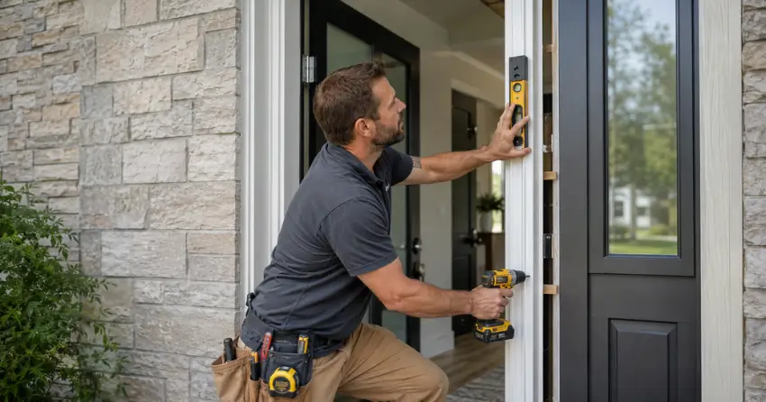 technician installing a new exterior door frame in Parkhill