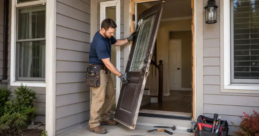 old exterior door being removed for replacement in Parkhill