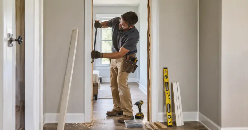 technician removing an old interior door frame during installation Parkhill