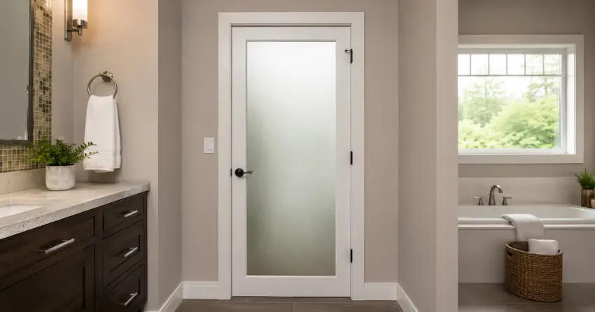 frosted glass panel bathroom door installed in a Parkhill home
