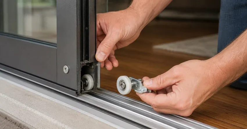 sliding door alignment Parkhill technician adjusting roller track