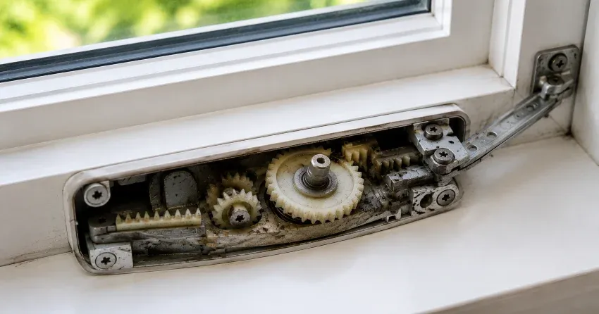 technician replacing casement window crank operator in Parkhill home