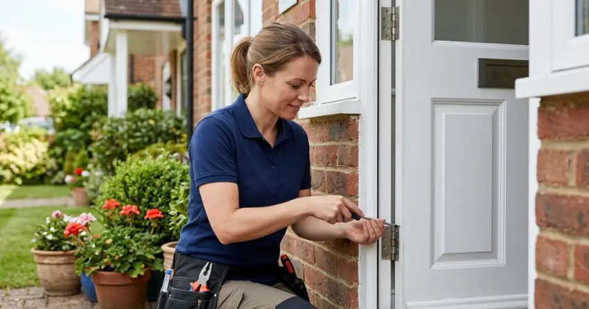 technician repairing exterior door hinge and frame in Parkhill