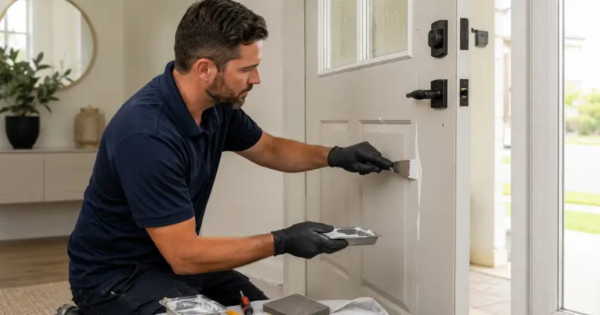 technician repairing fiberglass door surface crack in Parkhill