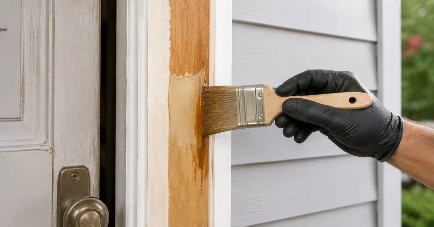 technician probing rotted wood on a door frame in Parkhill