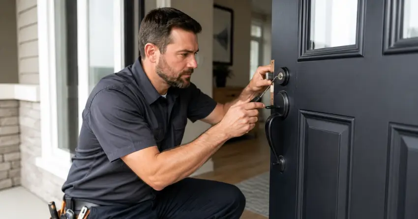 licensed locksmith technician working on residential deadbolt in Parkhill