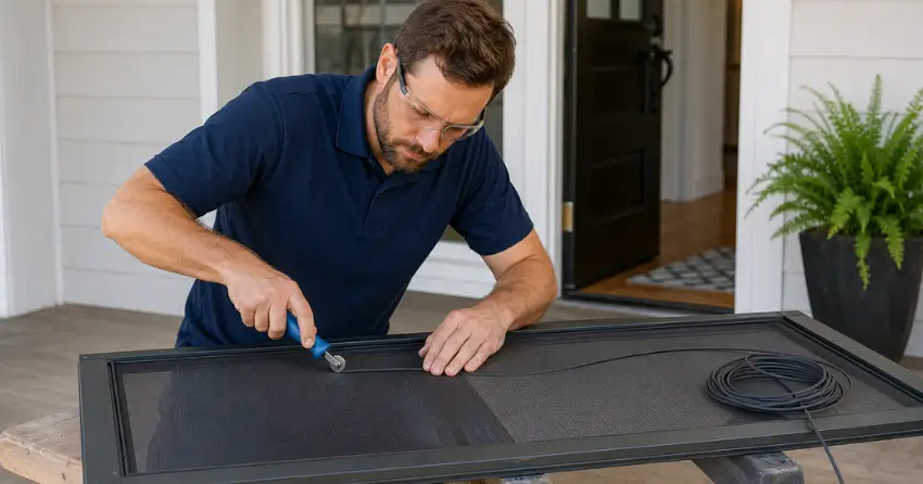 technician replacing screen door mesh and spline in Parkhill